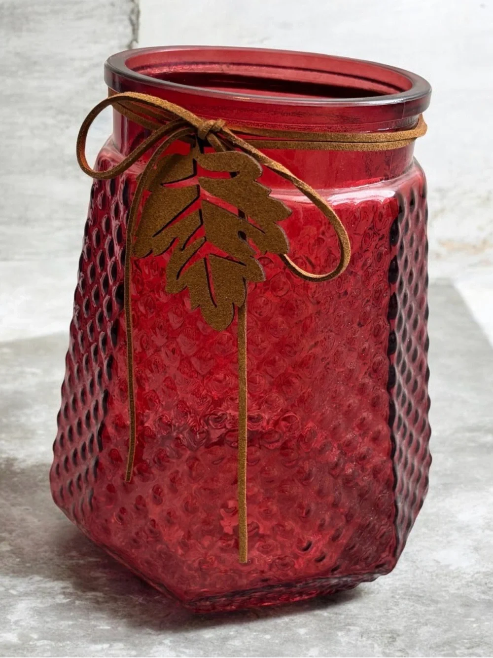 Red Textured Glass Vase with Suede Leaf Accent